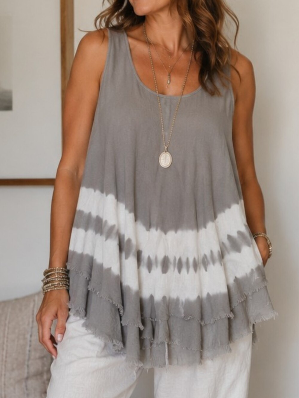 Alterd State Sleeveless Gray Tie-Dye Ruffle Tank Top